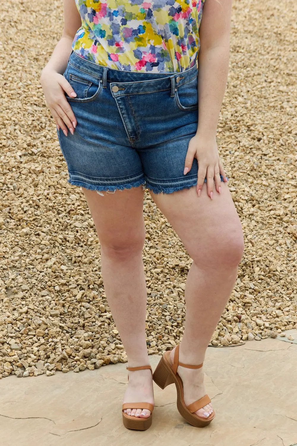 RISEN Maya Full Size Mid Rise Asymmetrical Shorts by RISEN