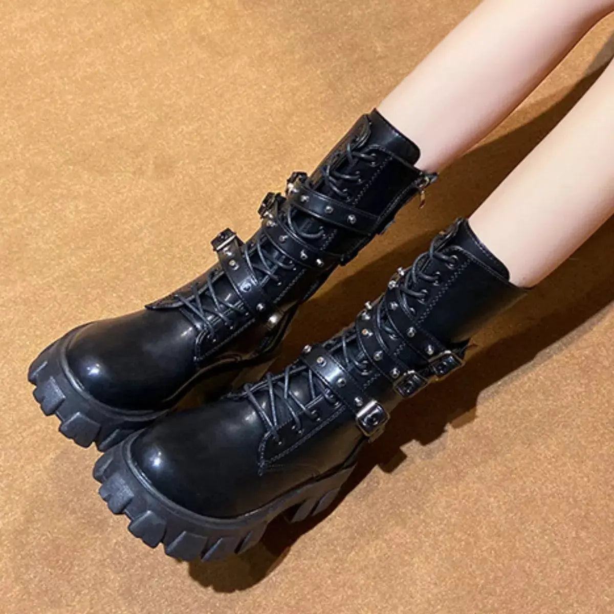 Buckled Lace-Up Combat Boots by Partner Label