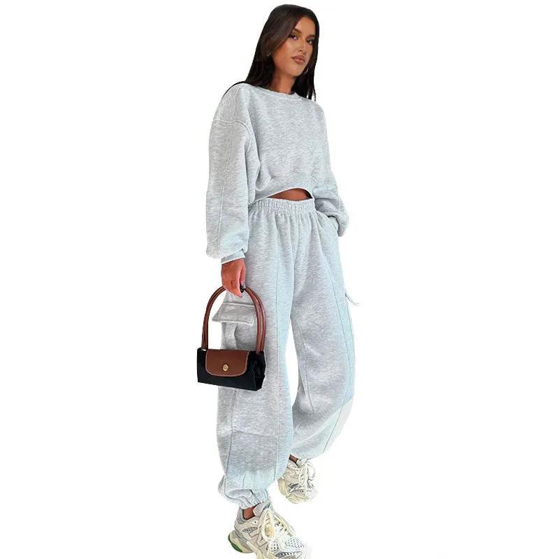 European And American Autumn New Round Neck High Waist Sweater Pocket Loose Sweatpants Suit by Maiden-Art
