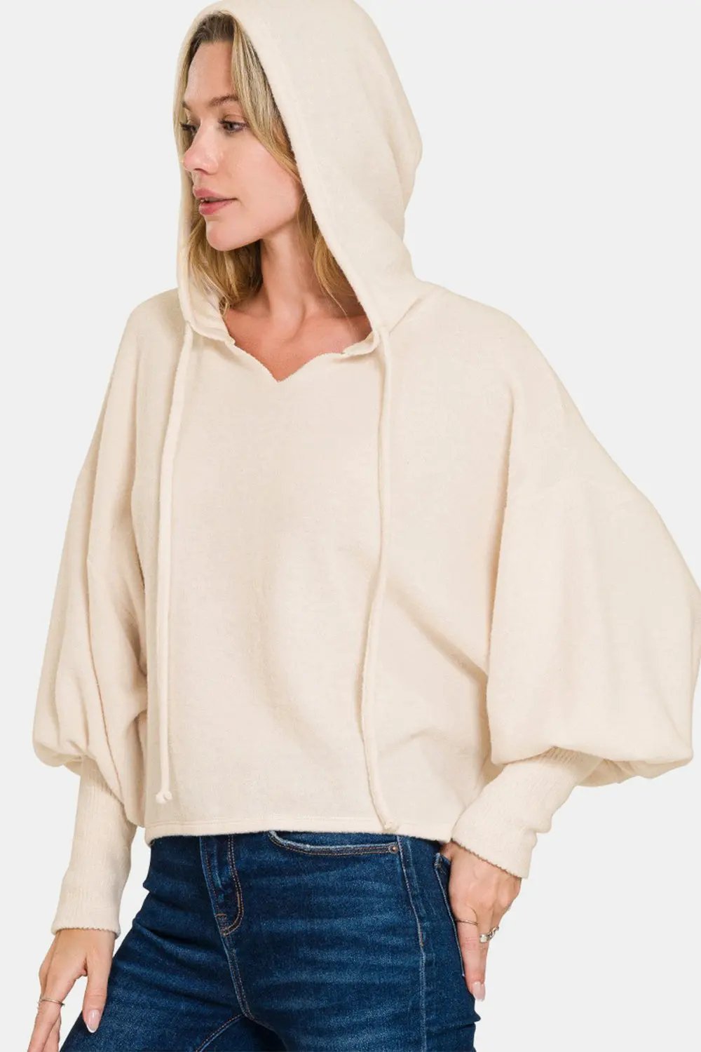 Zenana Brushed Hacci Drop Shoulder Cropped Hoodie by Zenana