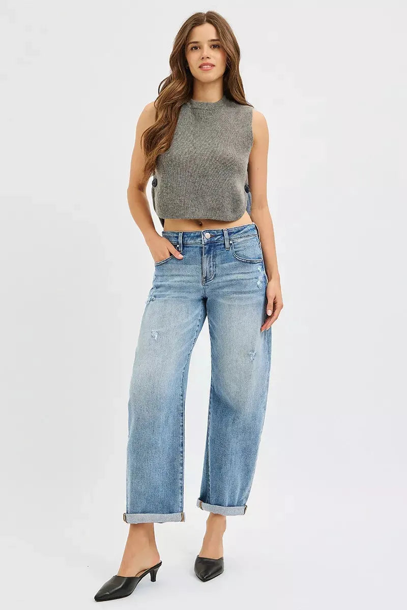 RISEN Full Size Slouchy Ankle Length Barrel Jeans with Cuffs Plus Size by RISEN