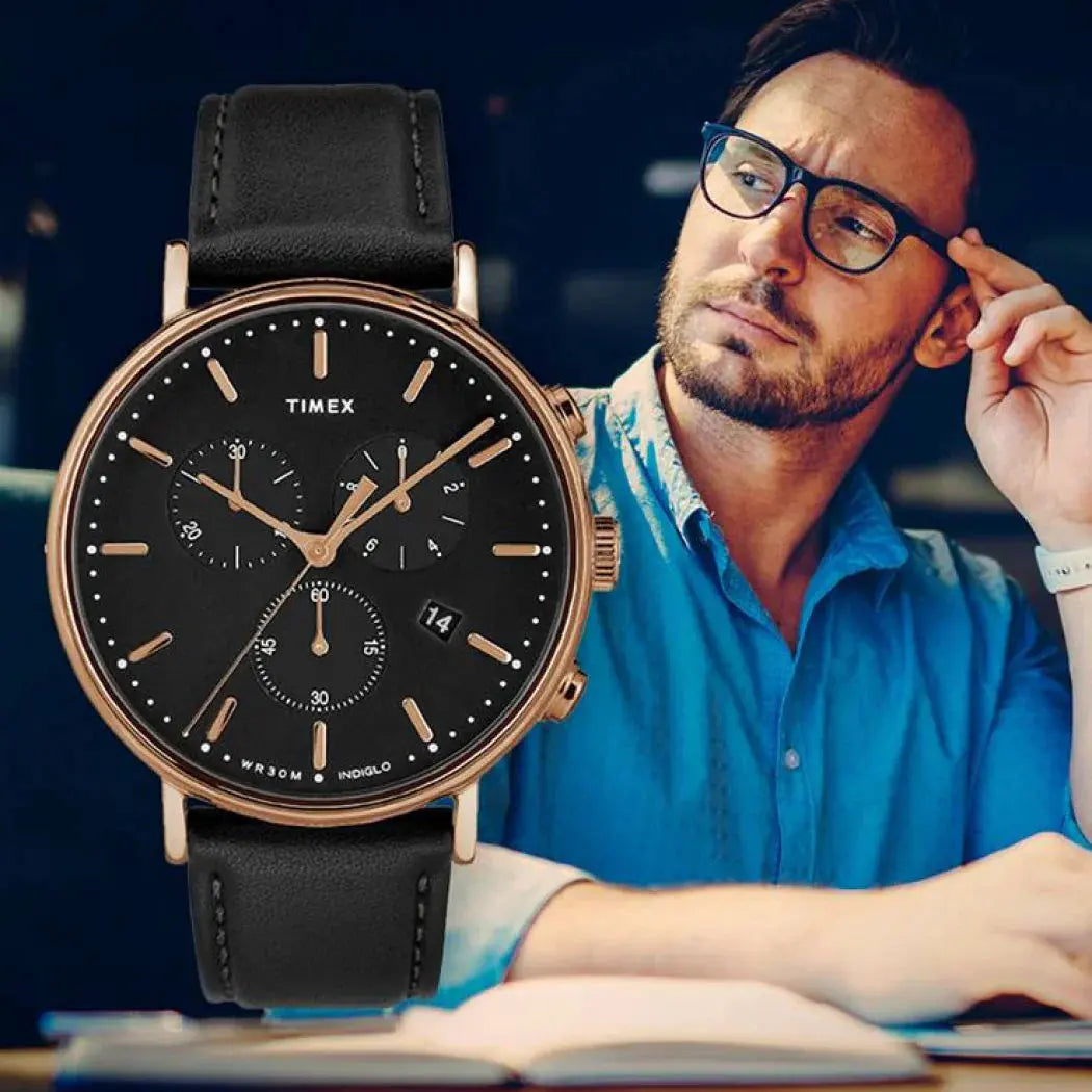 Timex Men's Black Leather Watch, Rose Gold Case | Tw2t11600 by TIMEX