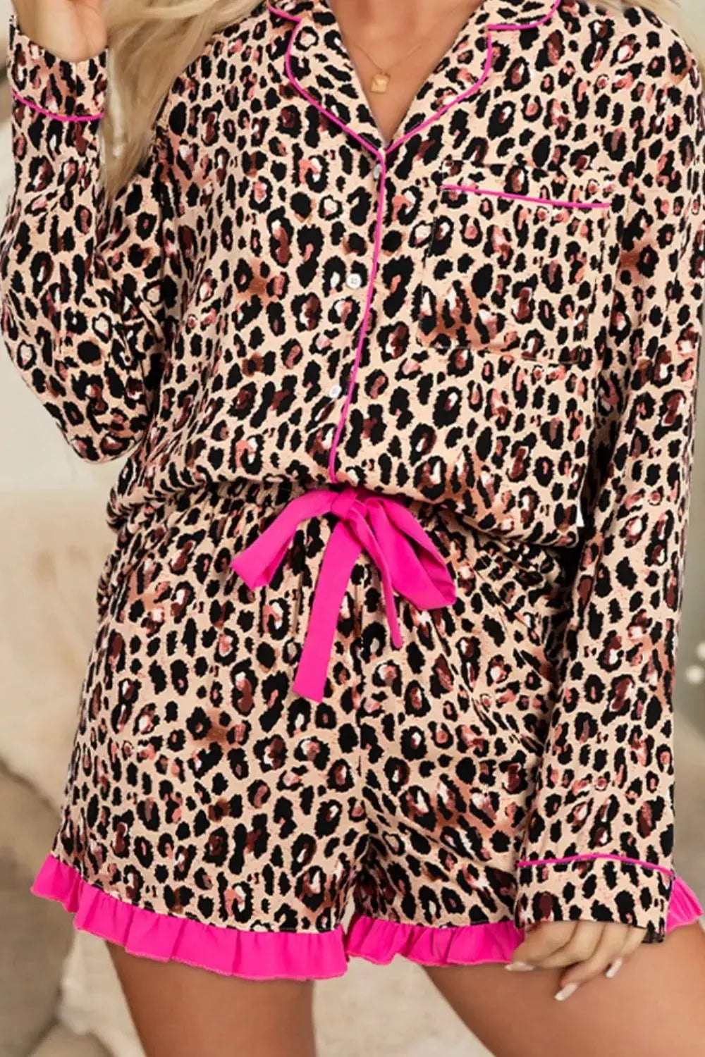 Leopard Print Contrast Trim Long Sleeve Shirt and Drawstring Ruffle Hem Shorts Set by Partner Label