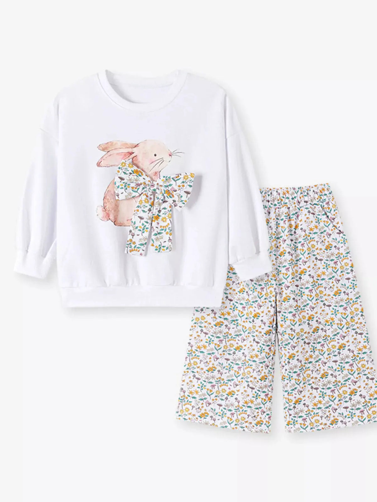Children's Bunny Graphic Sweatshirt and Floral Wide-Leg Pant Set by Trendsi