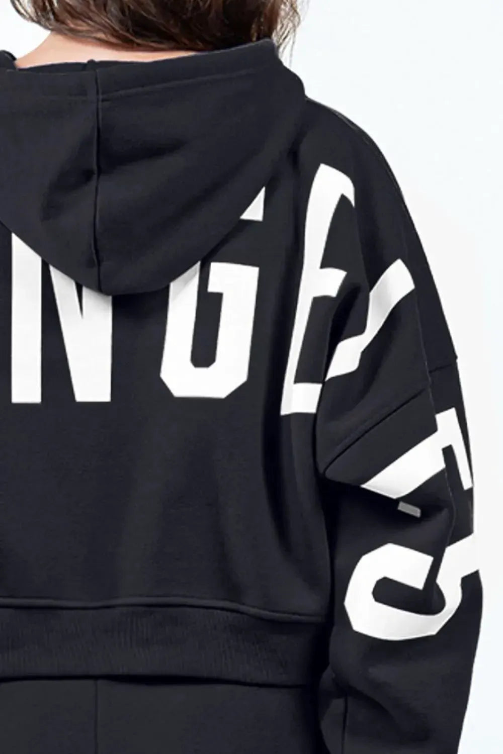 American Bazi Letter Graphic Long Sleeve Drawstring Cropped Hoodie by American Bazi