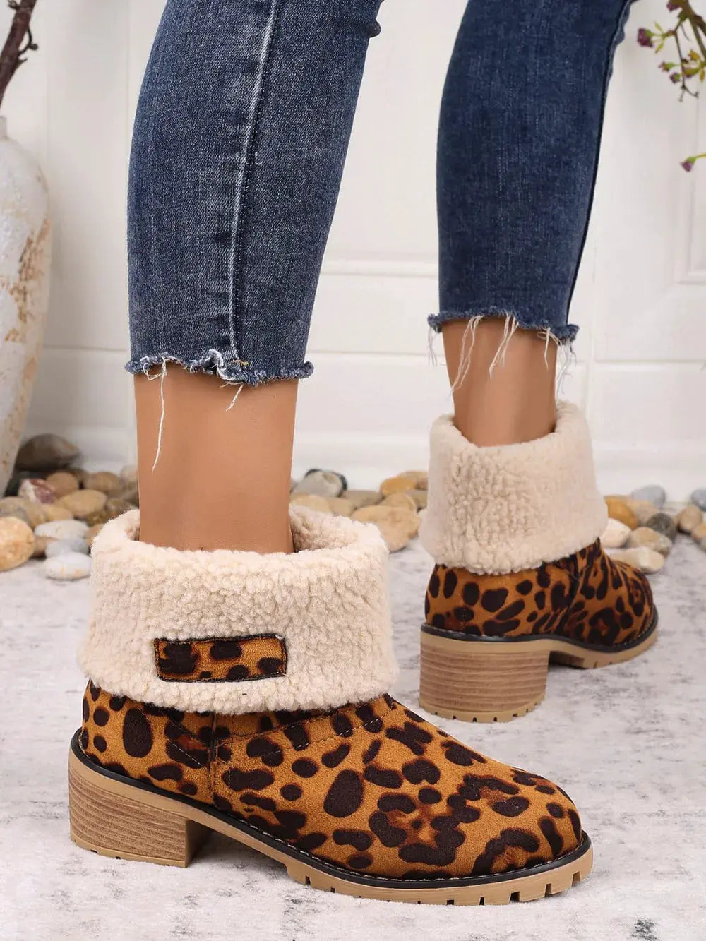 Leopard Block Heel Fuzzy Boots by Partner Label