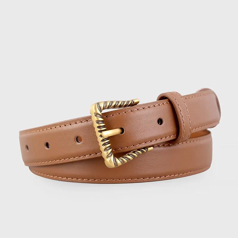 Leather Belt with Textured Gold Buckle by Trendsi