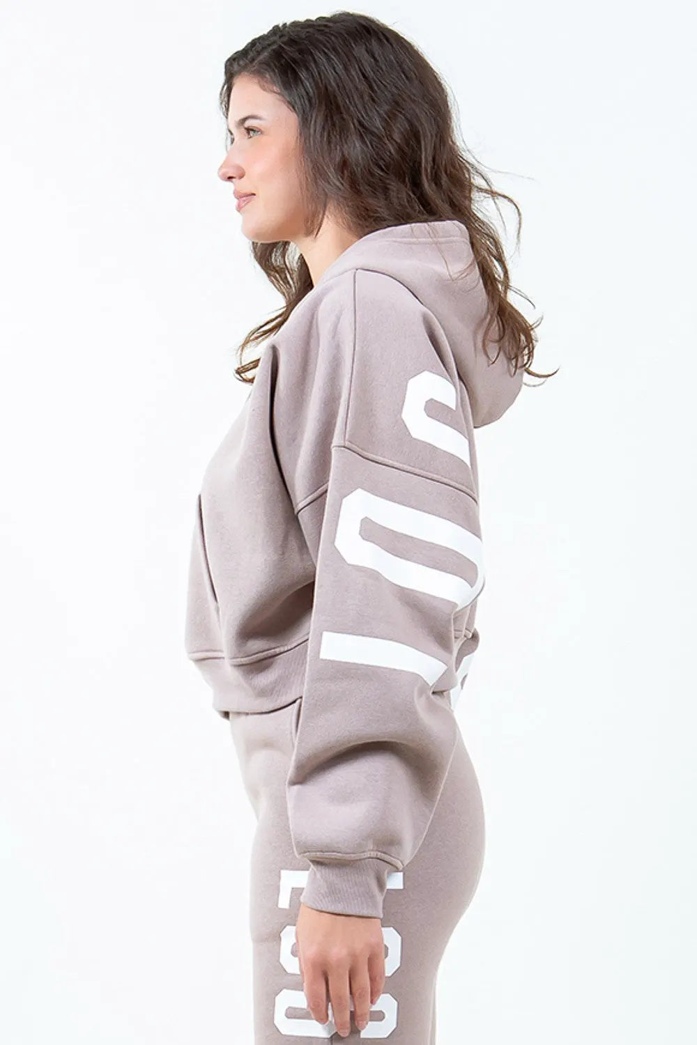 American Bazi Letter Graphic Long Sleeve Drawstring Cropped Hoodie by American Bazi