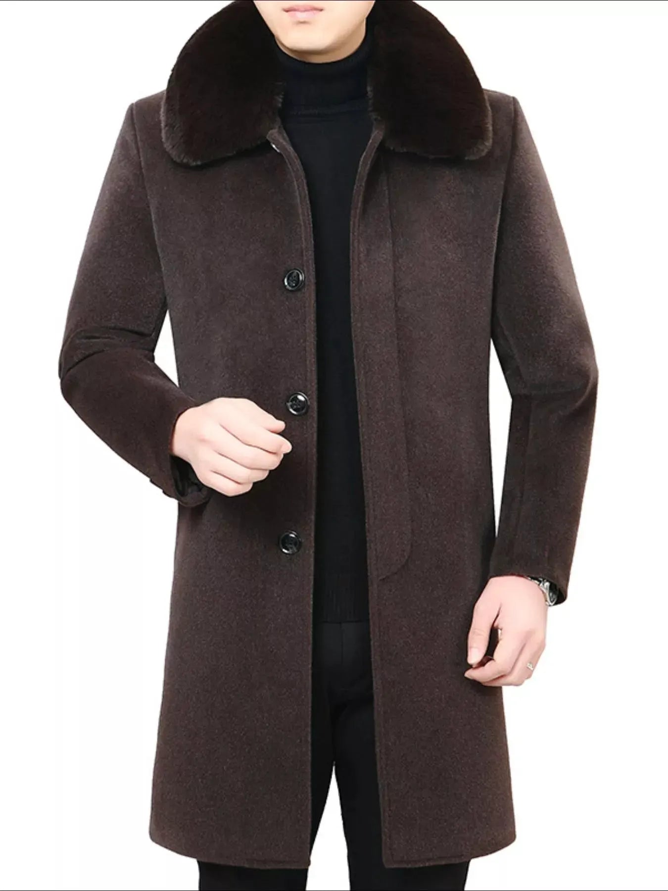 Men's Fur Collar Button Up Overcoat by Partner Label