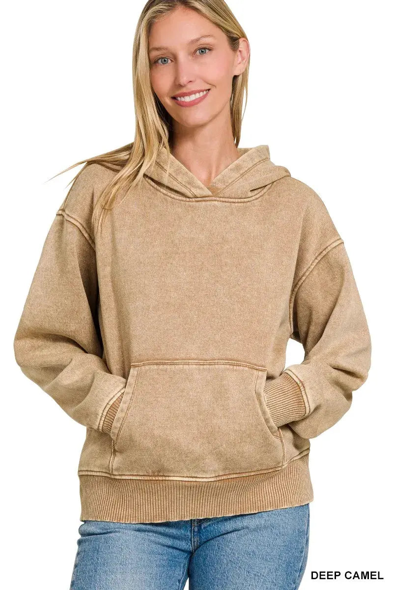Zenana Fleece Acid Wash Kangaroo Pocket Hoodie by Zenana