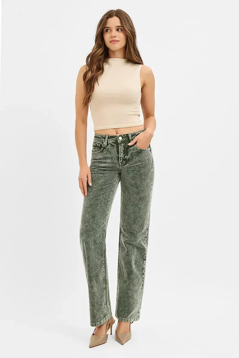 RISEN Tummy Control Mid Rise Straight Leg Corduroy Pants by RISEN