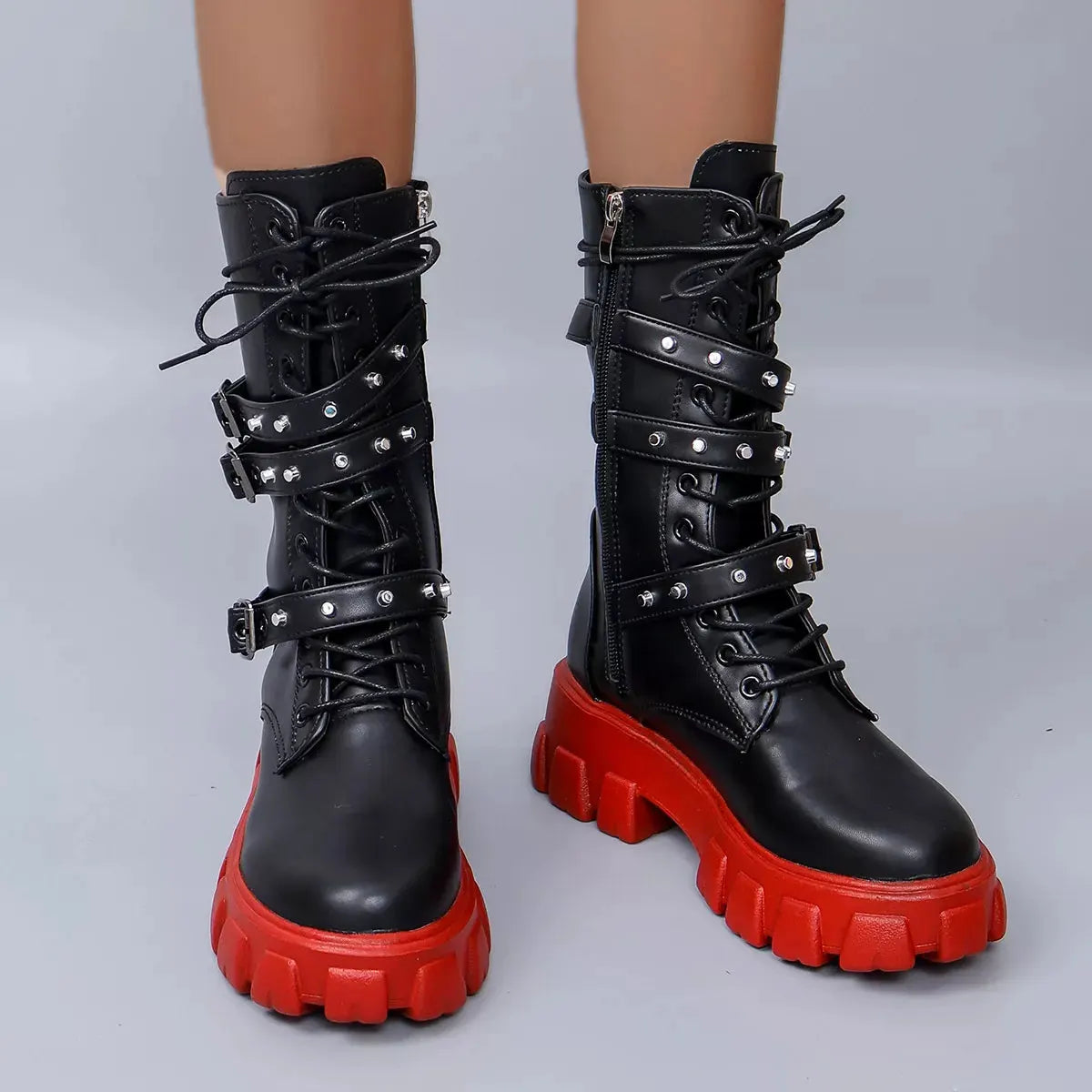 Buckled Lace-Up Combat Boots by Partner Label