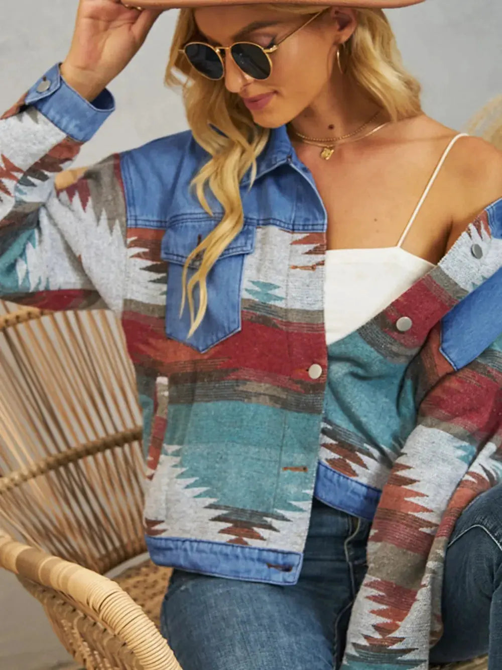 Geometric Button Up Dropped Shoulder Denim Jacket by Partner Label