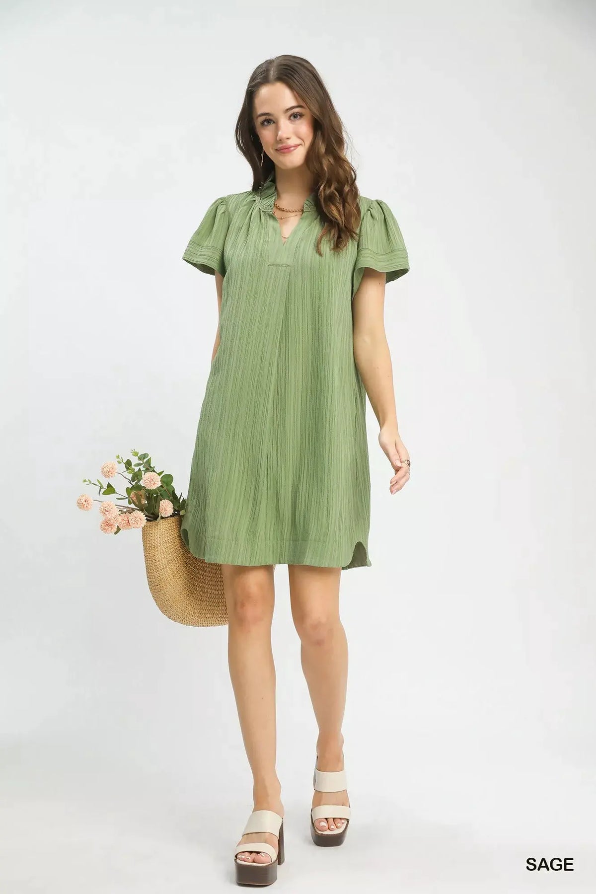 Umgee Flutter Sleeve V-Neck Shift Dress by Umgee