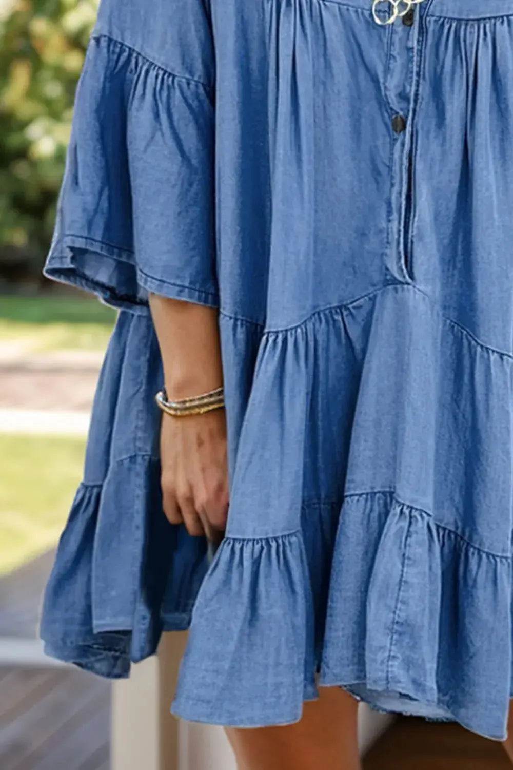 Notched Flare Sleeve Denim Dress by Partner Label