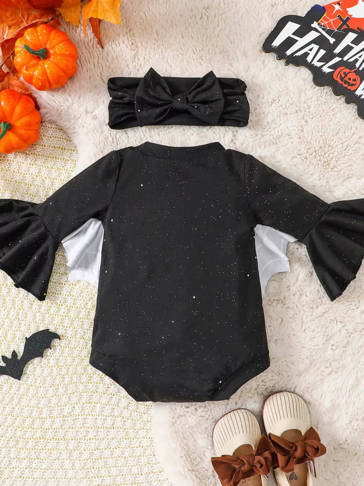 Children's Halloween Spiderweb Print Long Sleeve Bodysuit and Bow Headband Set by Trendsi