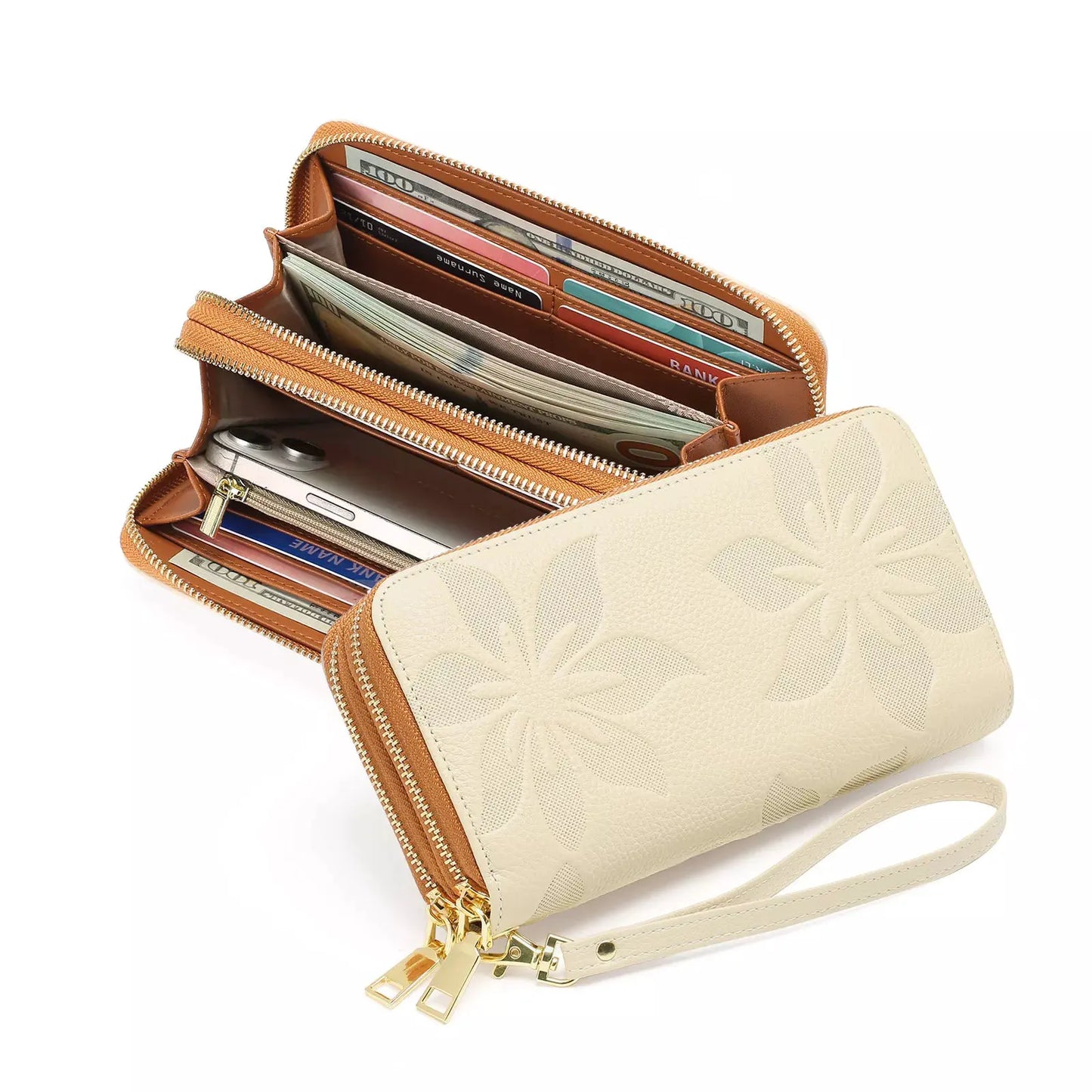 Floral Embossed Leather Zipper Wallet by Partner Label