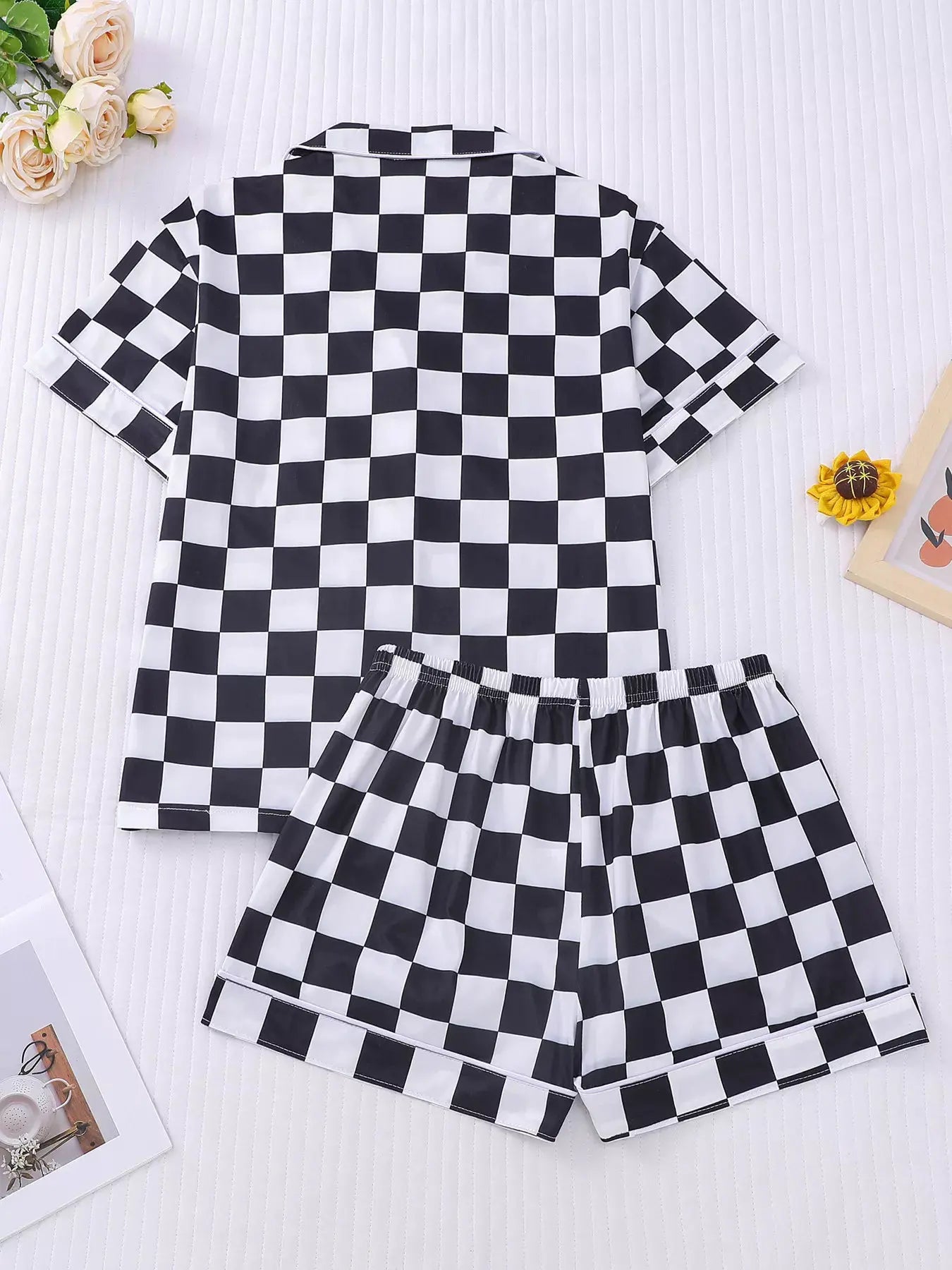 Checkered Print Button Up Top and Shorts Lounge Set by Partner Label