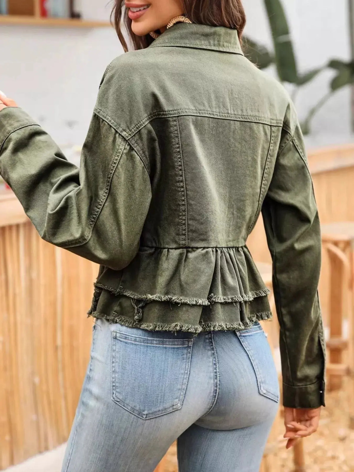 Ruffle Raw Hem Denim Jacket by Partner Label