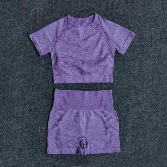 Seamless Women Yoga Set Crop Top Short Sleeve Shirt Fitness Shorts Workout Clothes For Women Gym Clothing Yoga Sport Set by Vimost Shop
