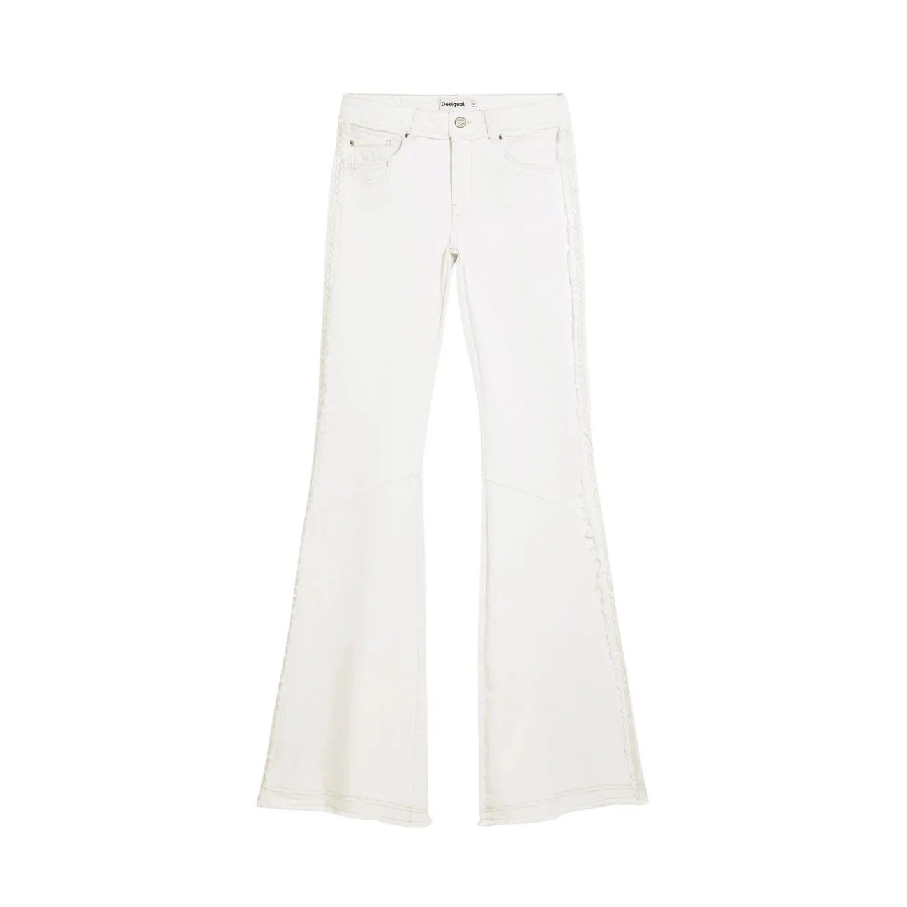 Desigual Women Beige Cotton Stretch Fringe Flare Wide Leg Jeans by Desigual