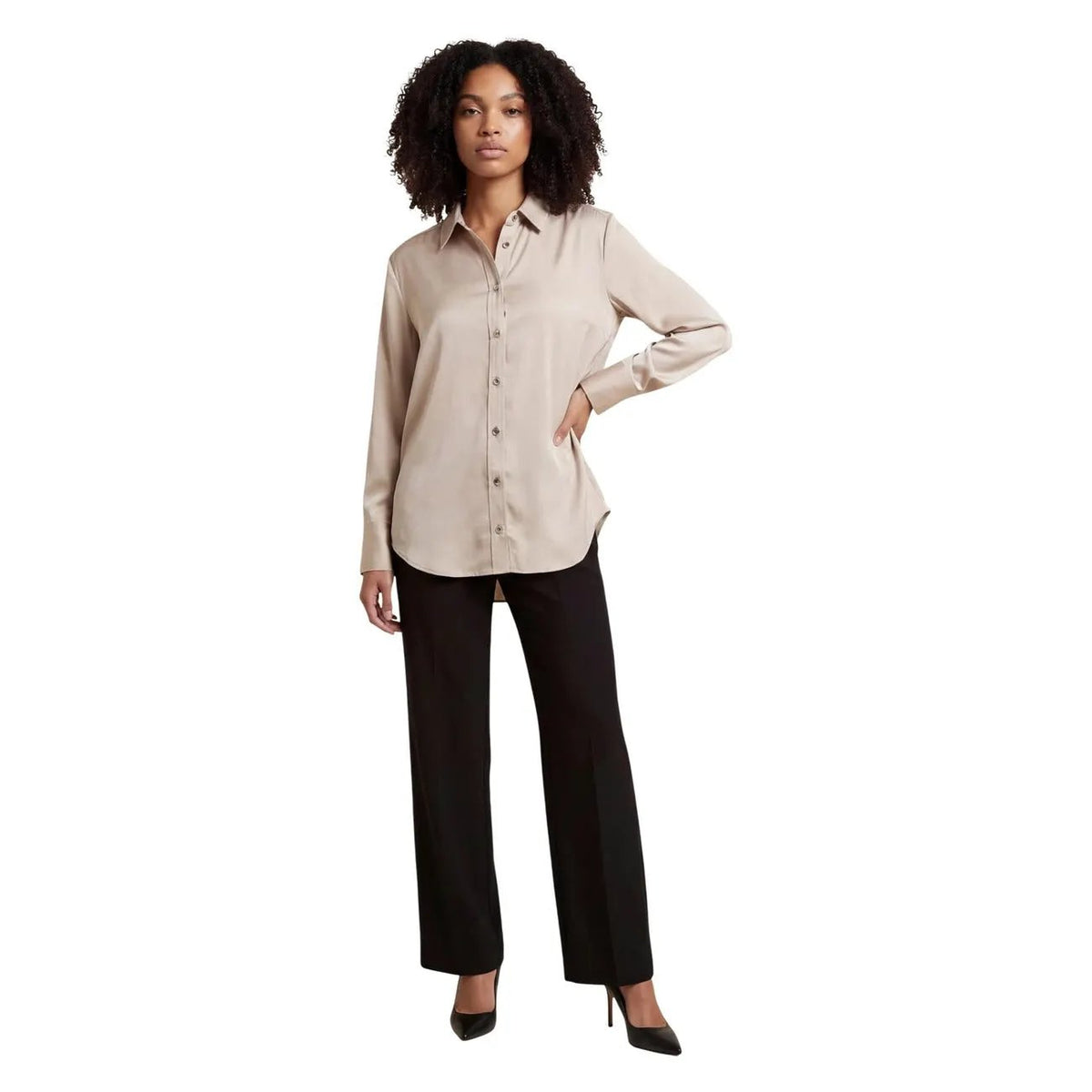 Only Women Elegant Beige Long Sleeve Classic Collar Button Shirt by Only