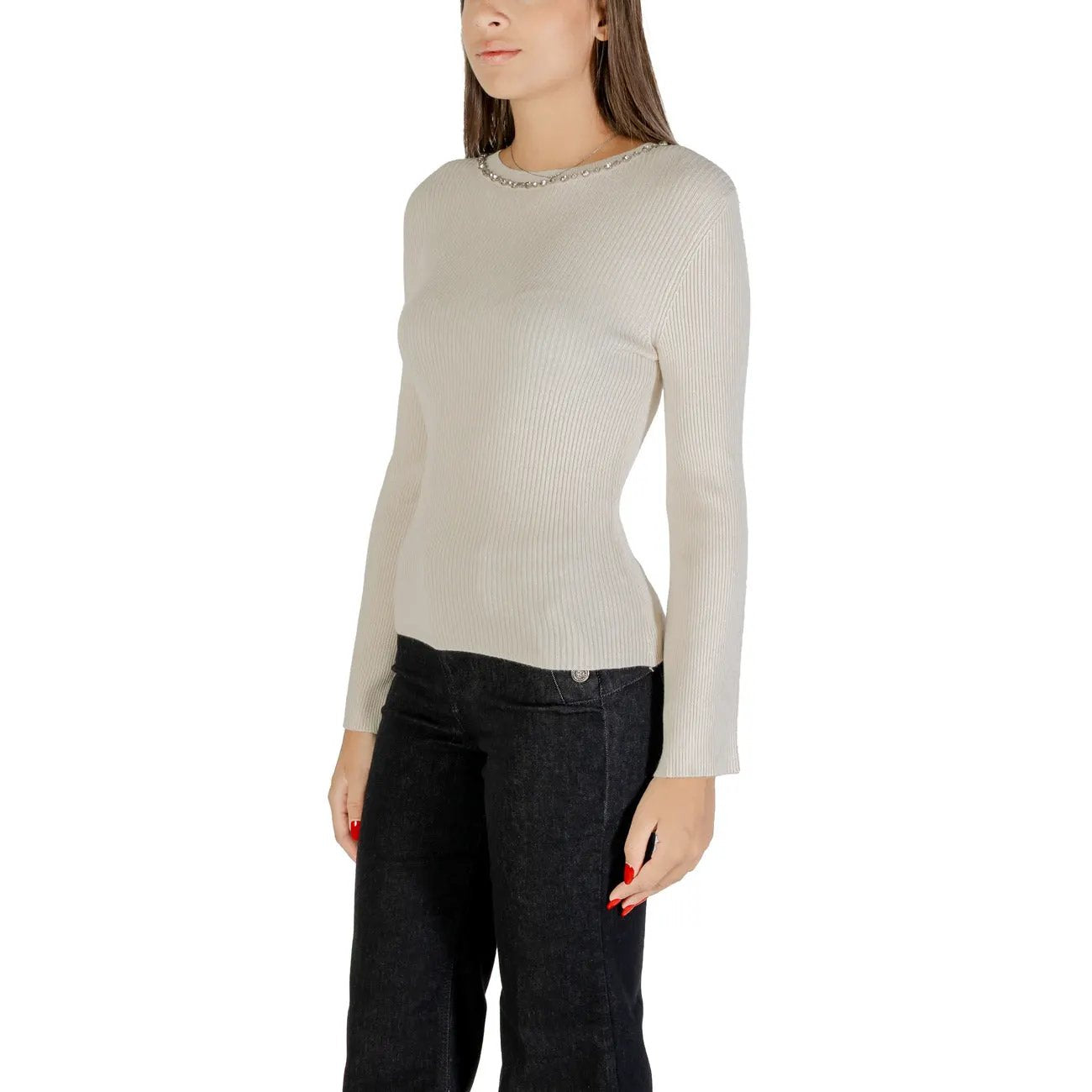 Stylish Only Women Beige Rhinestone Ribbed Knitwear Sweater Top Winter by Only