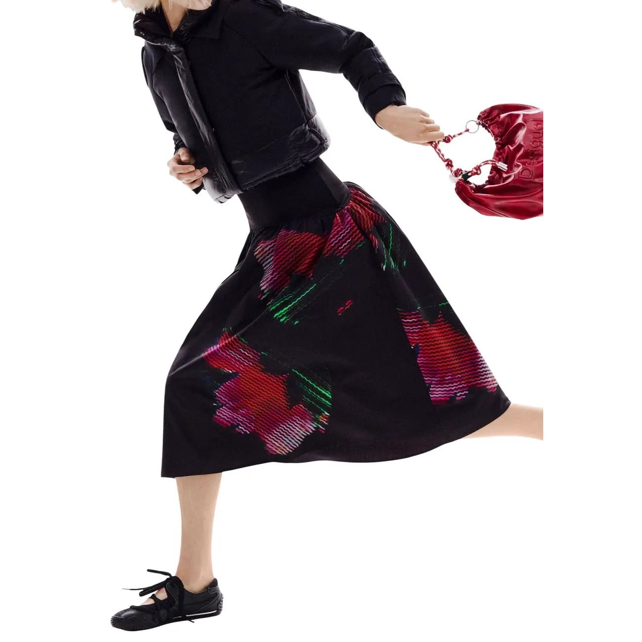 Desigual Black Floral Midi Skirt For Women High Waist Flowy by Desigual