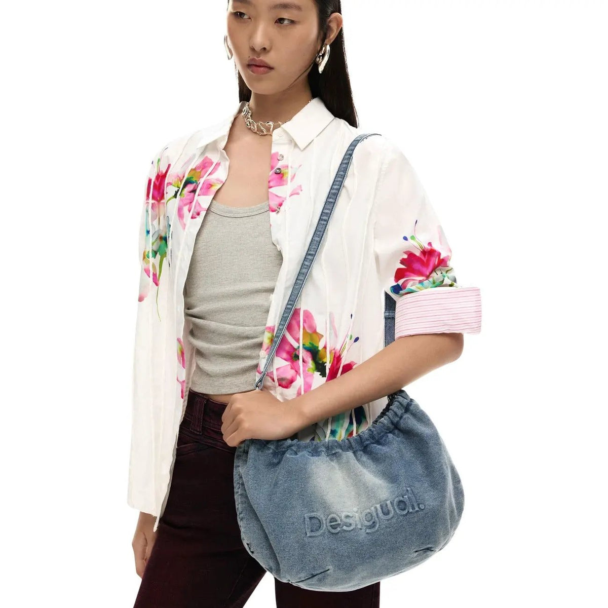 Desigual Women Light Blue Denim Handbag With Zip Braided Strap by Desigual