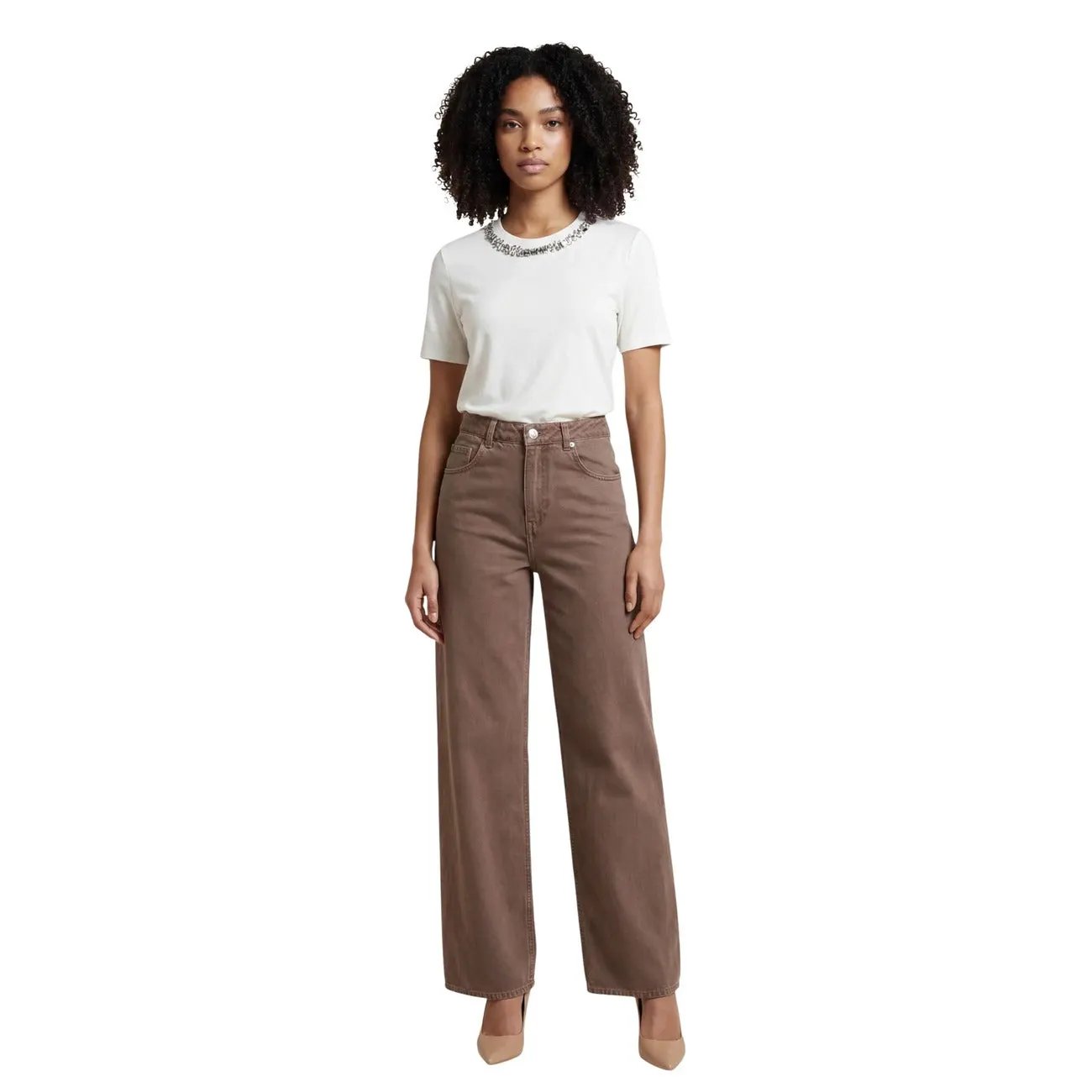 Only Women Brown Wide Leg Jeans High Waist Pure Cotton Comfort Fit by Only