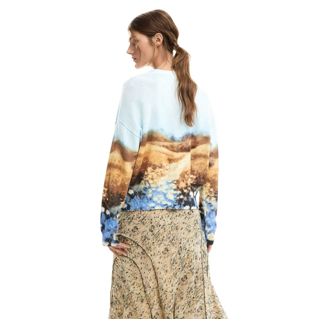 Desigual Women Long Sleeve Button V Neck Print Cotton Cardigan Light Blue by Desigual