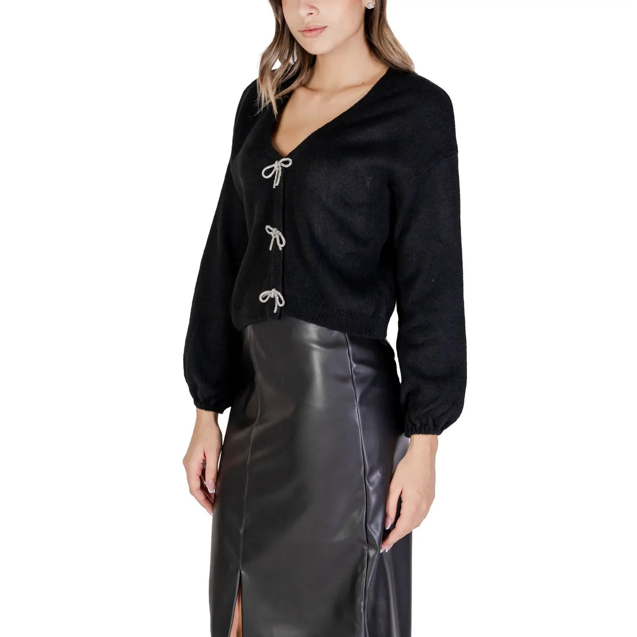 Only Women Black V Neck Knitwear Cardigan With Bow Detail Long Sleeve by Only