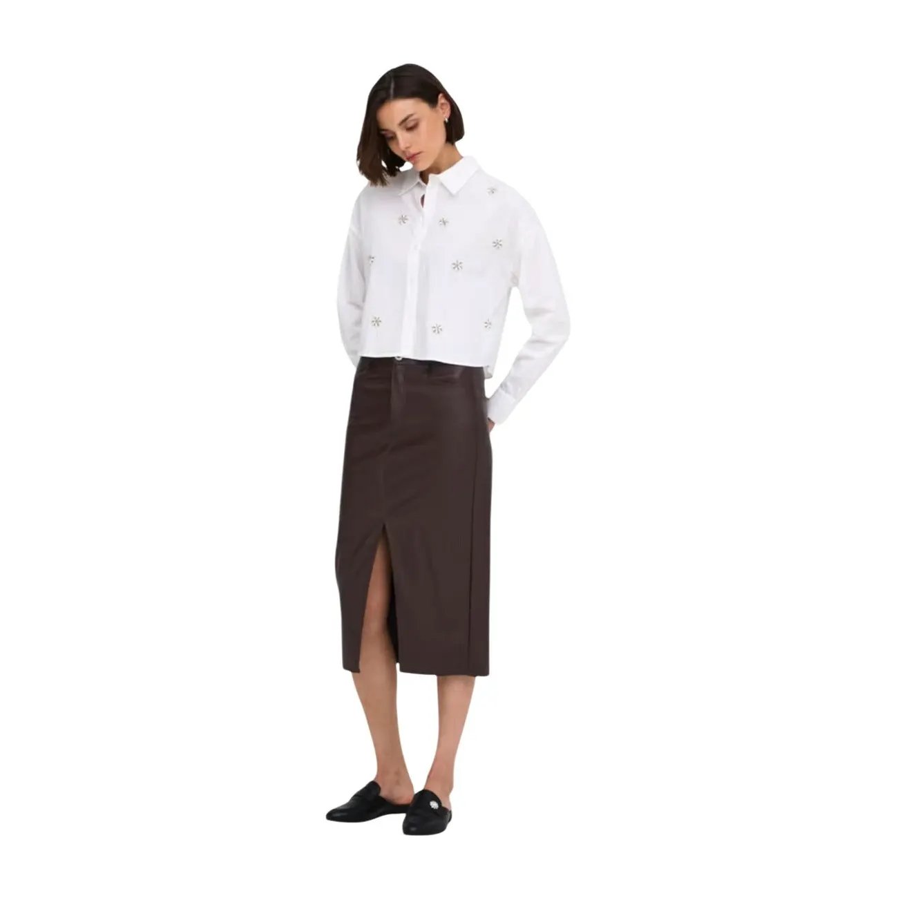 Only Women's Brown Faux Leather Pencil Skirt Slim Fit Side Pockets by Only
