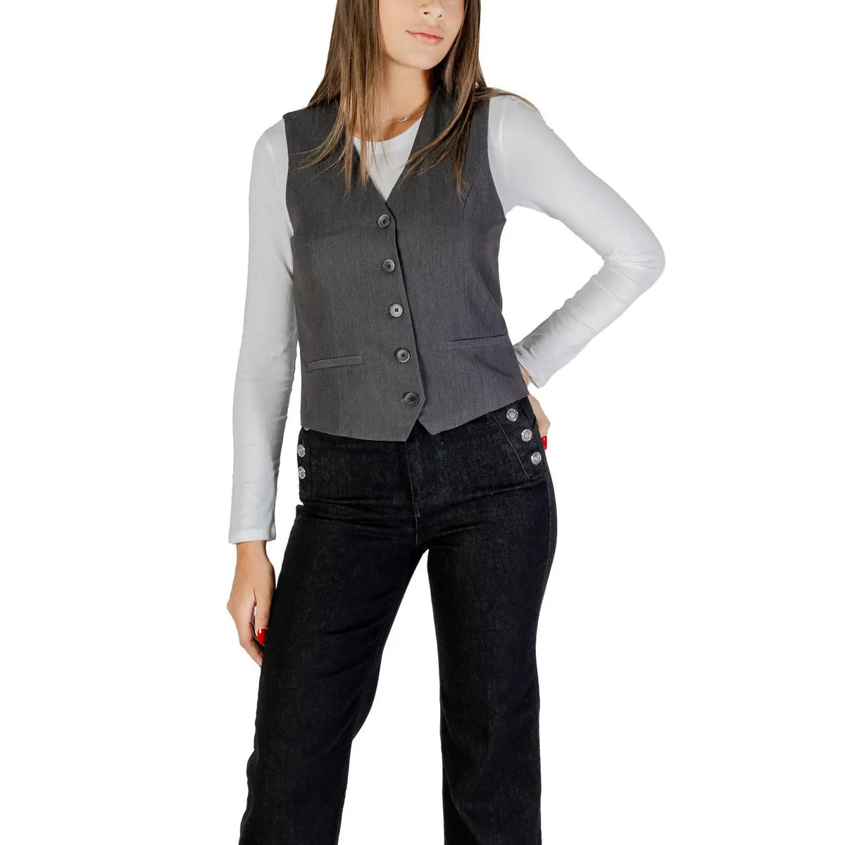 Only Womens Essential Grey Button Front V-Neck Lightweight Gilet by Only