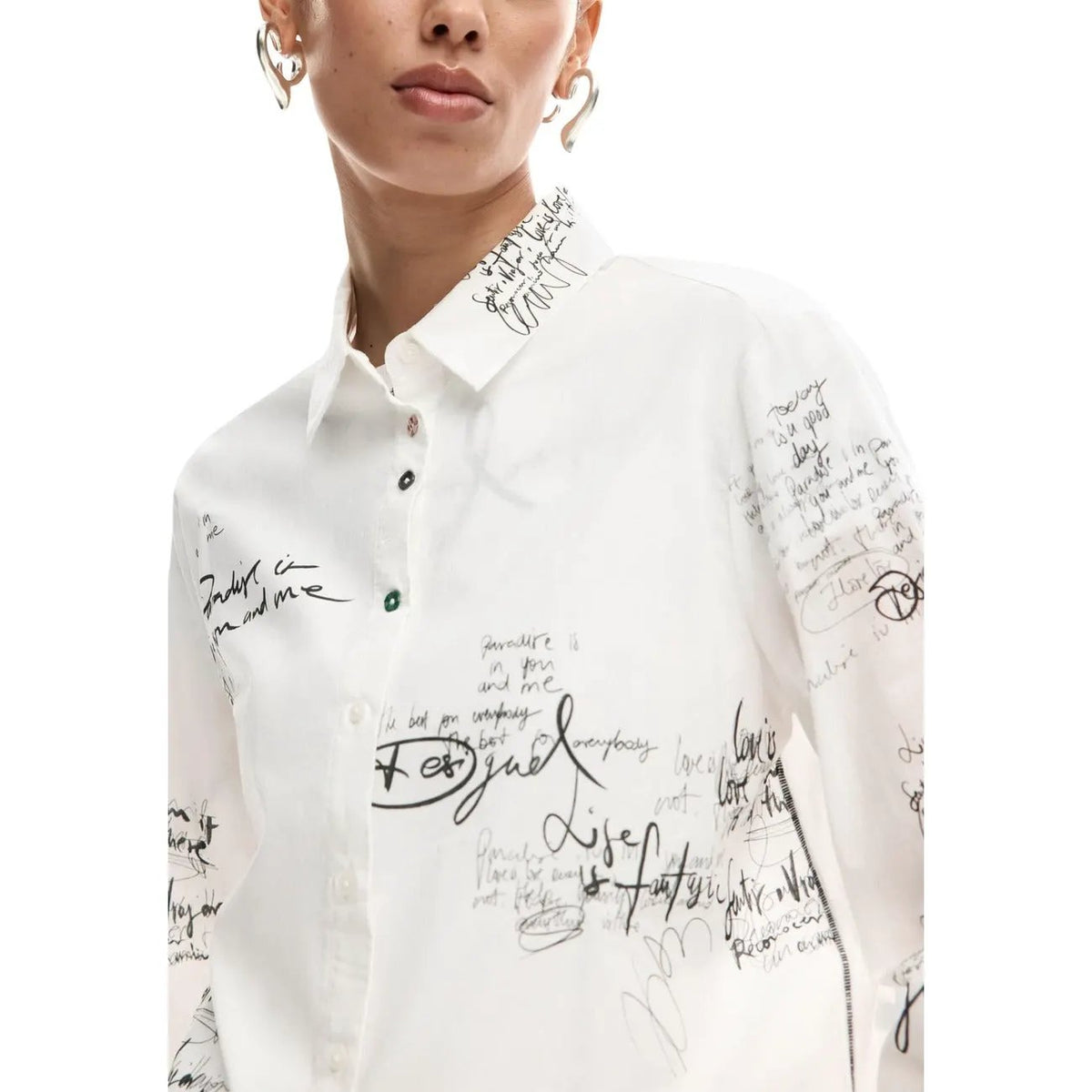 Desigual Women White Button-Front Shirt With Handwritten Script by Desigual