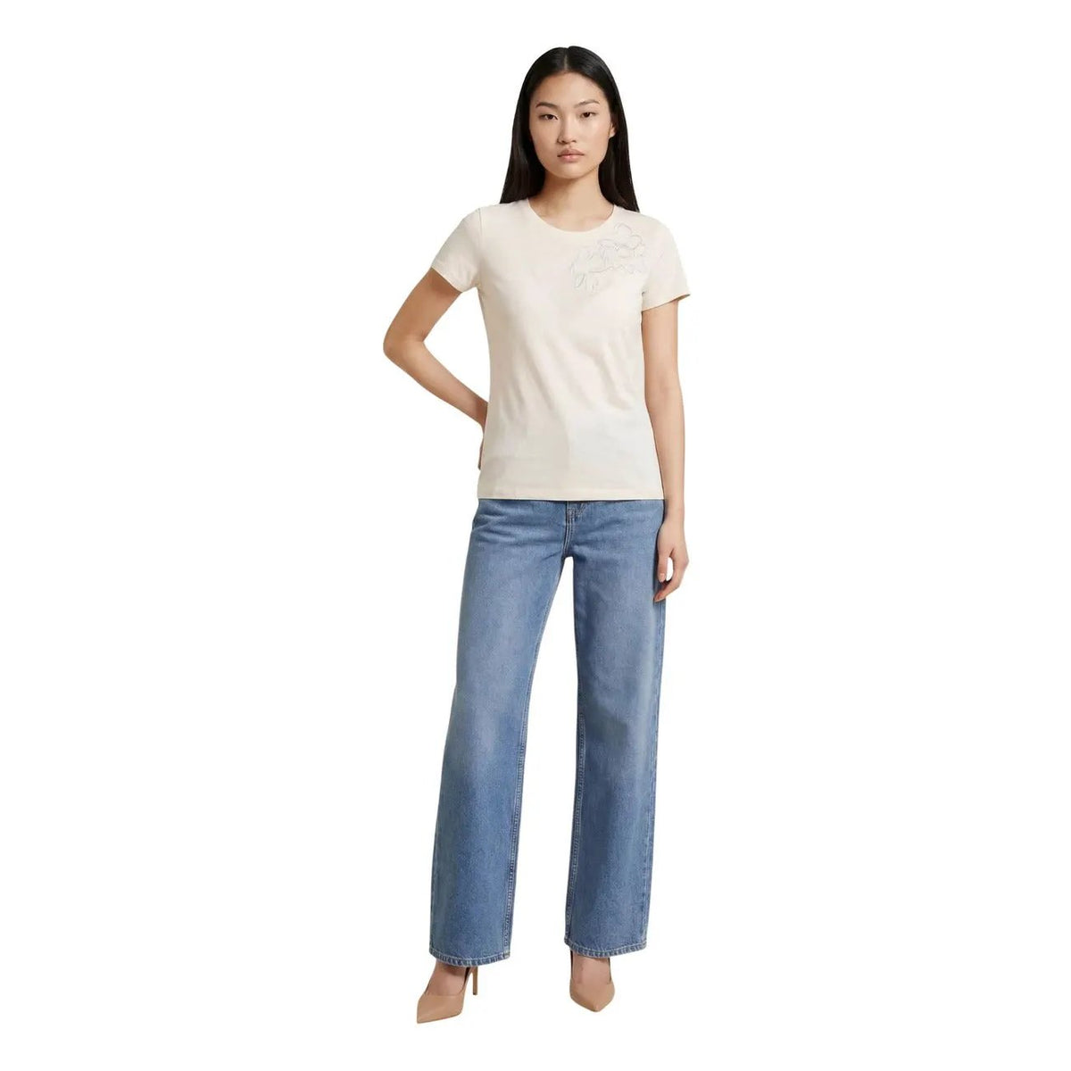 Liu Jo Women T Shirt Soft Cotton Embroidered Floral Detail Beige by Liu Jo
