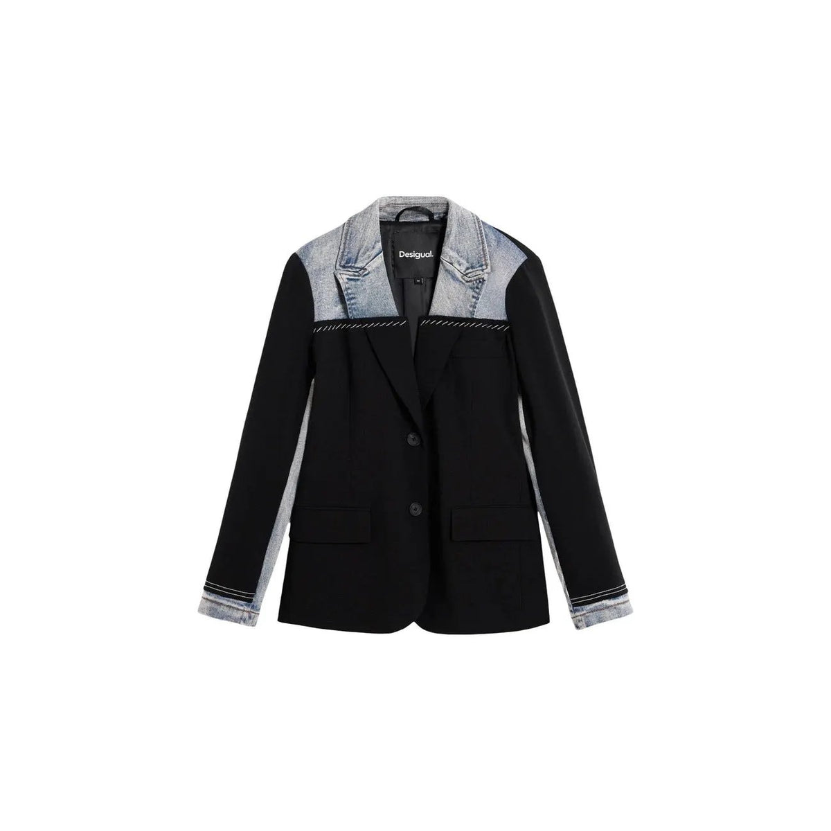 Stylish Desigual Women Black Stretch Blazer Denim Detail V Neck Lapel Jacket by Desigual