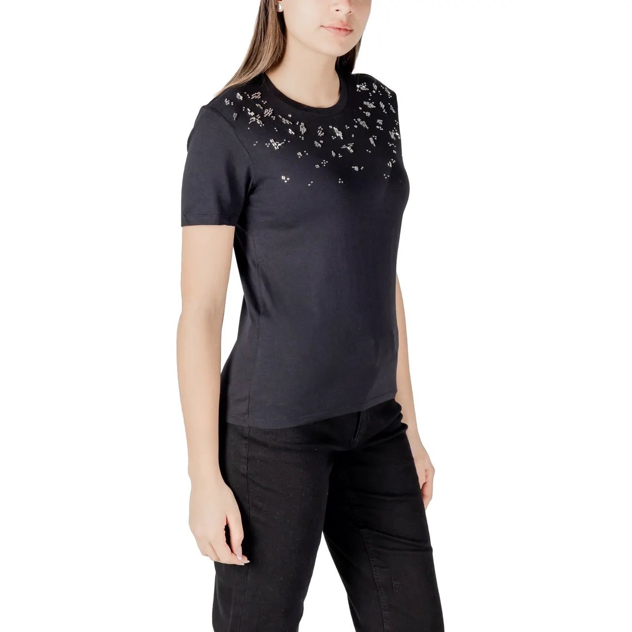 Only Women Black Cotton Modal Rhinestone Embellished Round Neck T-Shirt by Only