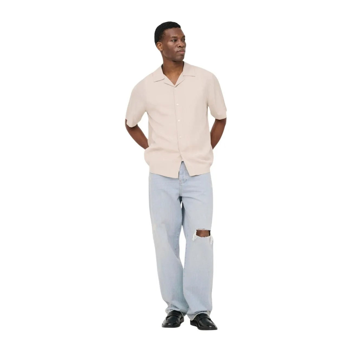 Only And Sons Mens Tencel V Neck Regular Fit Beige Short Sleeve Shirt by Only & Sons