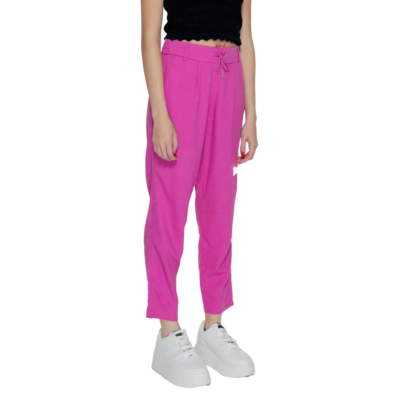 Only Women Pink Breathable Linen Trousers Lace Up Waist Pockets by Only