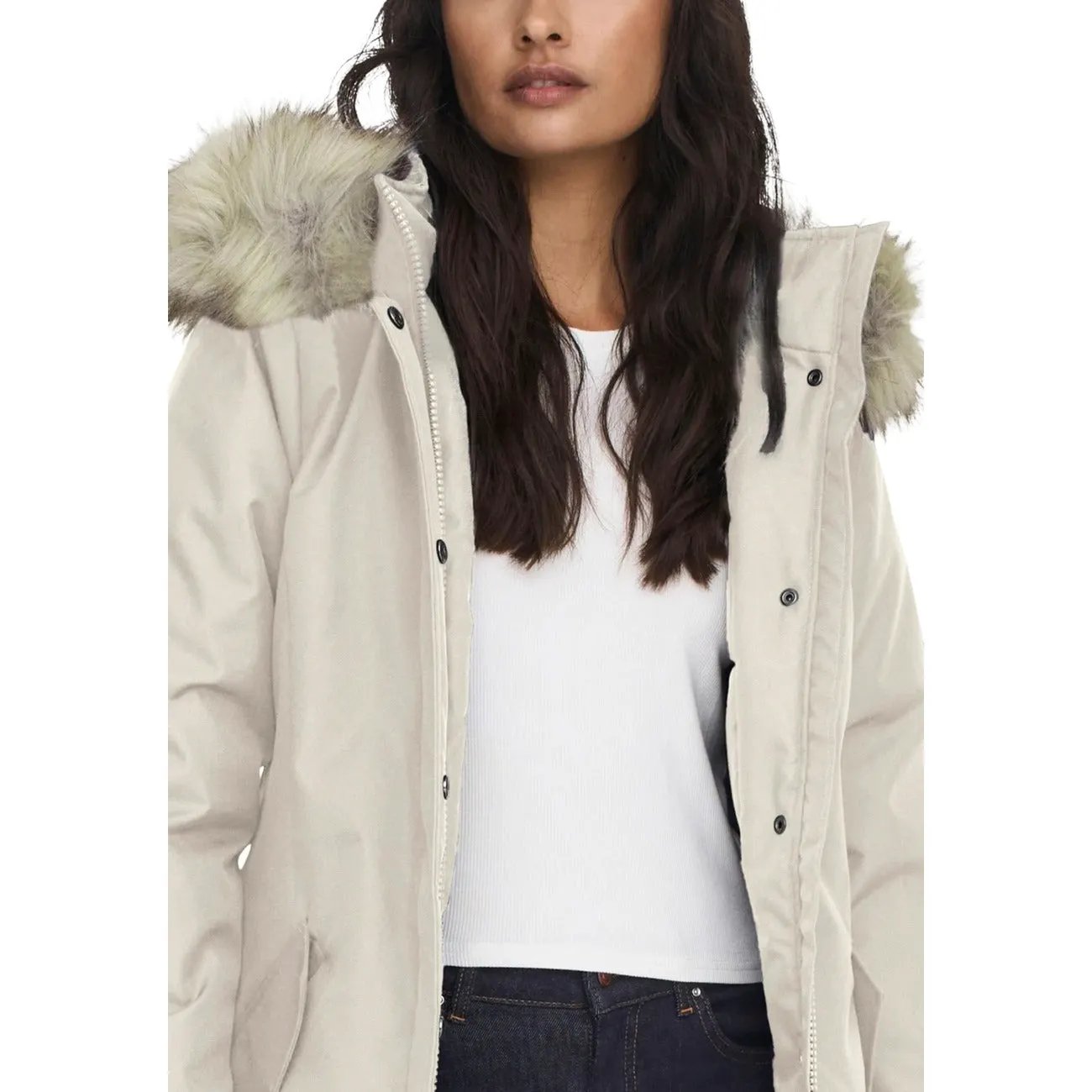 Only Women Beige Winter Jacket Long Sleeves Fur Hood Zipper Buttons by Only