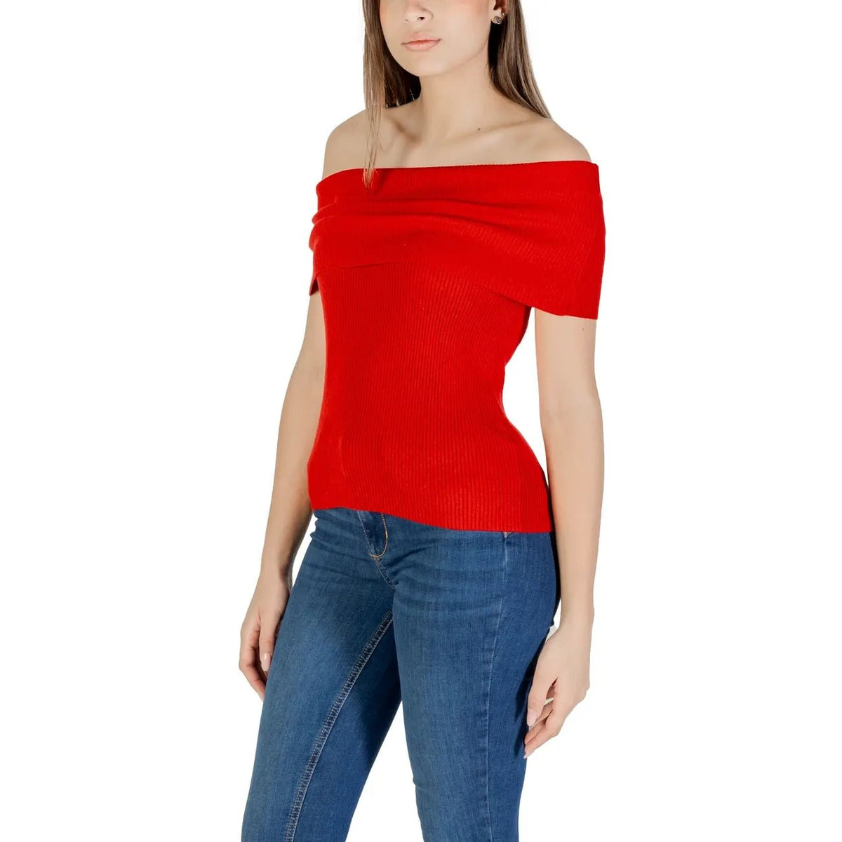 Only Women Red Stylish Off-Shoulder Knitwear Top Sleeveless Cotton Blend by Only