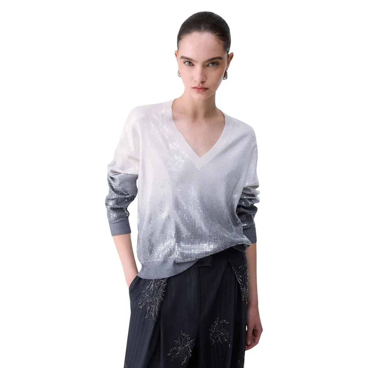 Liu Jo Women's Sequin Knit V-Neck Sweater Beige Cozy Luxe For Fall Winter by Liu Jo
