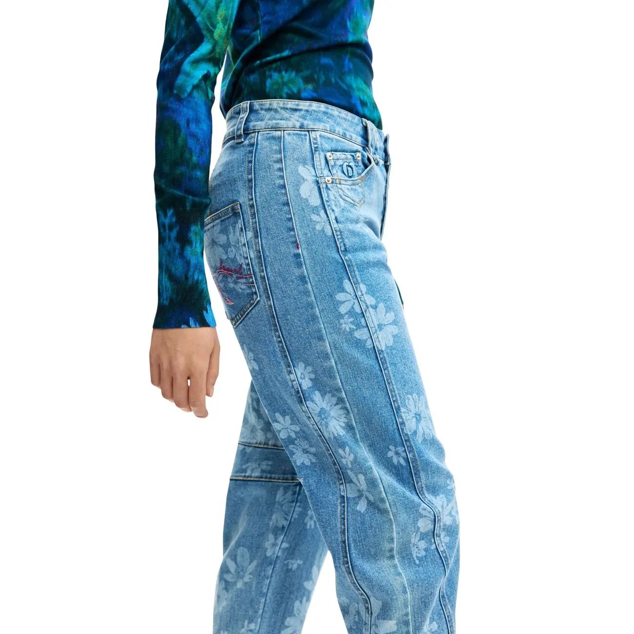 Desigual Women Floral Denim Jeans Light Blue Stretch Cotton Comfort Fashion by Desigual