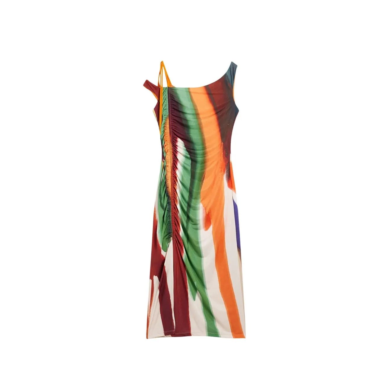 Desigual Women Vibrant Striped Cold Shoulder Ruched Stretch Midi Dress by Desigual