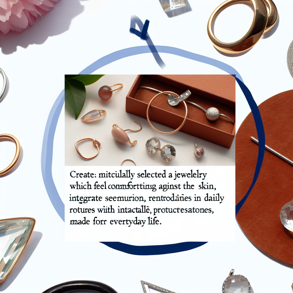 Jewellery Collection: rose-gold rings, bracelet, earrings, and gemstones arranged on a white surface.