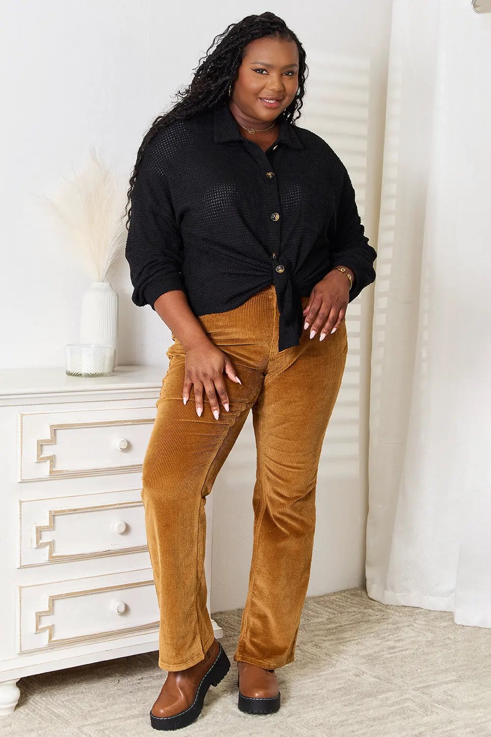 Double Take Waffle-Knit Collared Neck Dropped Shoulder Shirt by Double Take