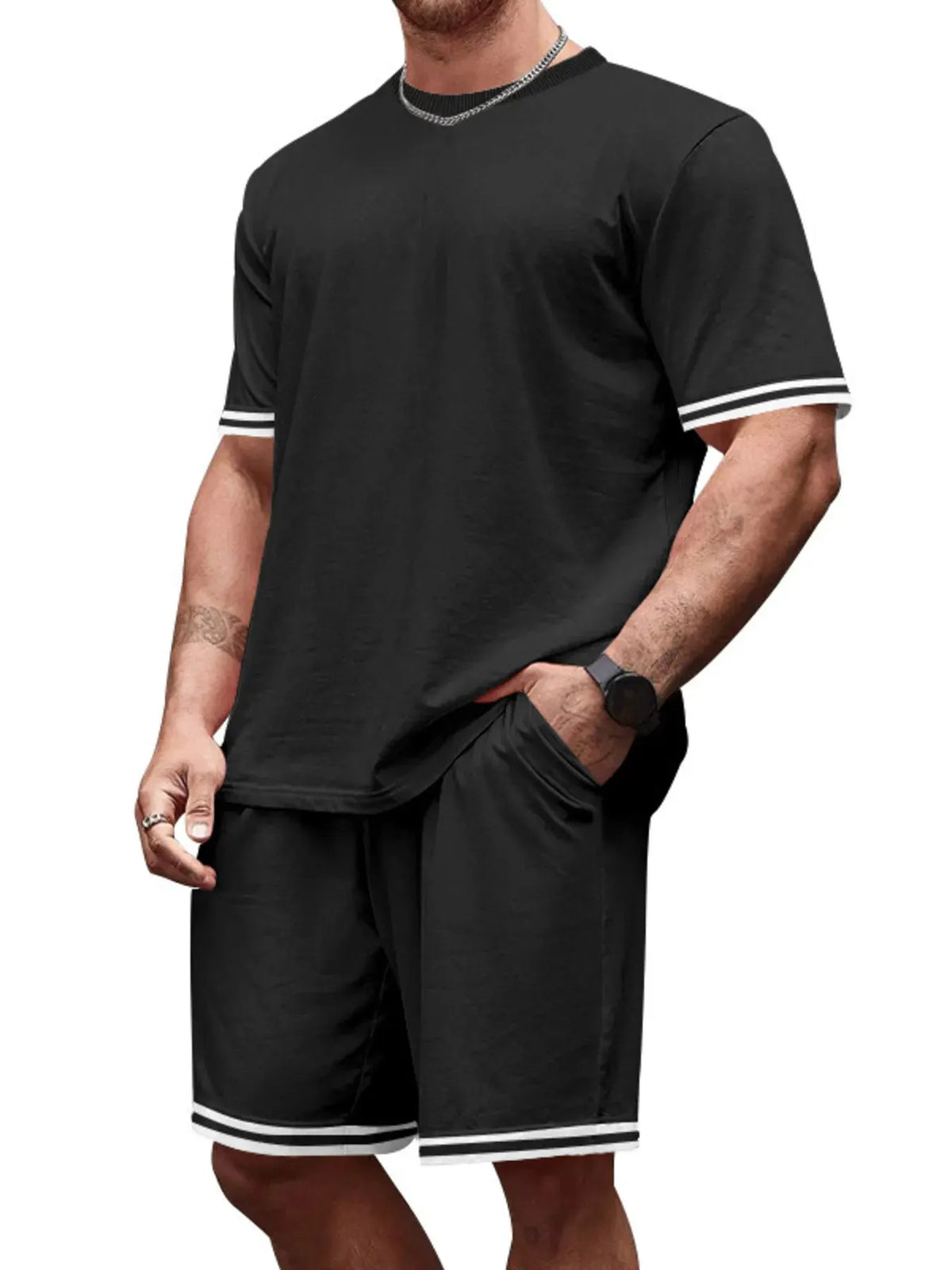 Men's Full Size Striped Short Sleeve Tee and Shorts Set Plus Size by Trendsi