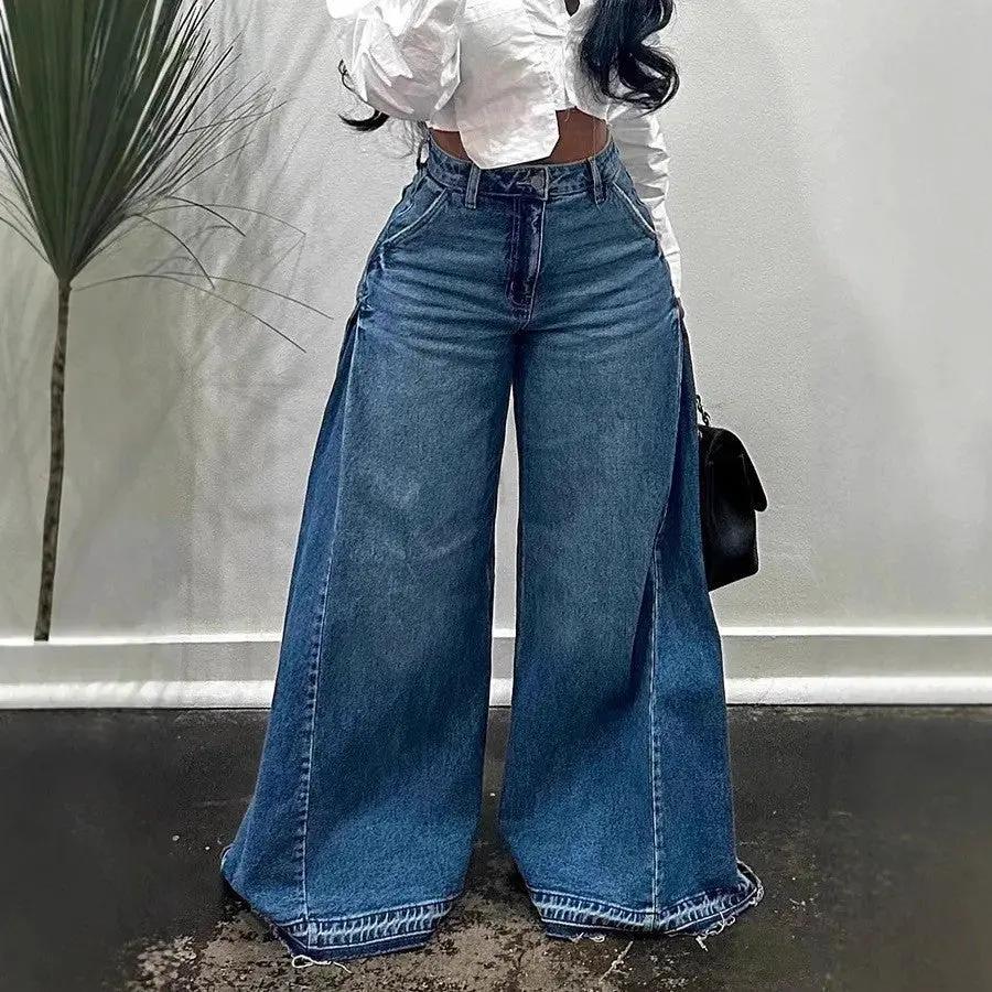 Loose Wide Leg Jeans Stitching Bell-bottom Pants Tassel Trousers by Maiden-Art