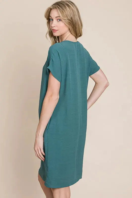 BOMBOM V-Neck Short Sleeve Dress with Pockets by BOMBOM